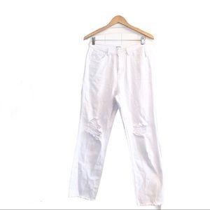Super Down Distressed White Jeans, High Rise, Size M